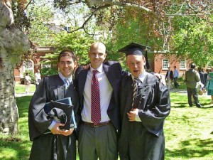 Robert Fye ’08 stands with his friends at a recent graduation ceremony. He had been battling osteosarcoma since the age of 14 and had taken terms off.