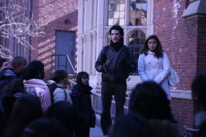 Alan Montes ’10 and Christina Avellan ’10 lead a tour to prospective students Monday. This year saw record numbers of applicants.
