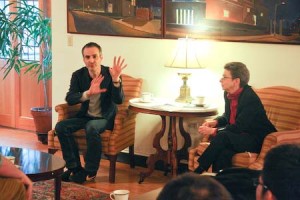 French film director Olivier Assayas — creator of films including “Paris, Je T’aime” and “Irma Vep” — talks during a Saybrook College Master’s Tea on Thursday. He discussesd the winding career path that led him to filmmaking.