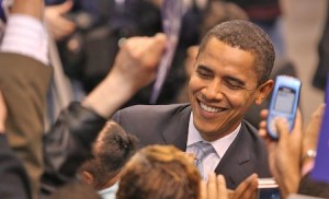 Presidential hopeful Senator Barack Obama smiles as he greets supporters at a rally at the XL Center in Hartford on Monday. Recent polls show Obama in a dead heat with Clinton in Connecticut’s primary today.