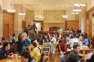 Students enjoy a meal in the Sterling Law Building dining hall. All of the Law School’s dormitories have been taken over for other purposes.