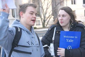 Ford Stevens ’10, an Eli Days mentor, leads a campus tour while Co-op High School junior Samantha Williams looks on. Today is day two of the event.