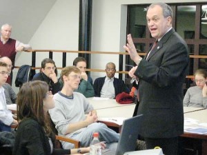 During the second of four community meetings Wednesday, Mayor John DeStefano Jr. talks “infill strategy” and urban density in downtown New Haven.