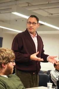 Chip Kidd, a renowned graphic designer, speaks at a Jonathan Edwards Master’s Tea yesterday.