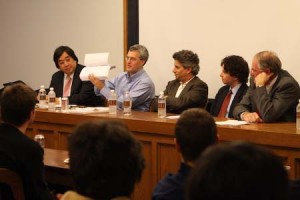 Law School Dean and panel moderator Harold Koh, as well as Jim Golen, Joe Ravitch, Michael McCann and Dr. Peter Jokl, speak at the Law School on Tuesday.