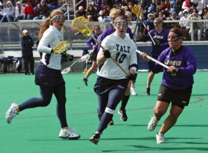 Defender Jess Champion ’08 runs ahead against James Madison last Saturday. The women’s lacrosse team fell 8-7 to New Hampshire yesterday at home.