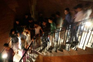 Students flock to a newly renovated Bass Library at its midnight opening last October.