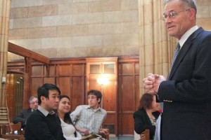 Walt Disney Company Chairman John E. Pepper ’60 speaks in Dwight Chapel yesterday about the intersection of service and self-interest.