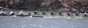 Yale rowers compete during their competition against Brown on the Housatonic this past weekend. The freshman eight beat the Bears handily.