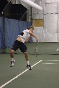 Jeff Dawson ’09 serves during his 2-6, 6-3, 6-4 loss to Manhattan’s Mihai Nichifor on Saturday. But the Bulldogs won easily, 6-1.