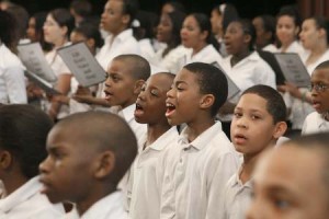 A thousand local elementary- and middle-school students sing before a crowd of 200 in Battell Chapel during an event in tribute to Martin Luther King Jr. on the 40th anniversary of the civil-rights leader’s assassination.