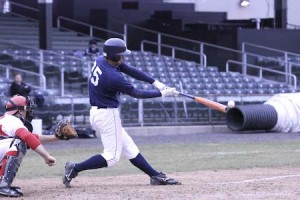 Outfielder Jake Doyle ’08 connects with a pitch from Cornell on Sunday. Yale took both games against the Big Red by one run, 2-1 and then 6-5, to move into sole possession of second in the Rolfe Division.