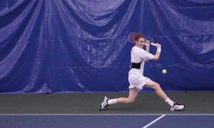 Michael Caldwell ’09 hits a backhand against St. Johns on Feb. 8 in Woodbridge, Conn. The Elis fell to Penn 6-1 on Friday, but beat Princeton, 4-3 the next day.