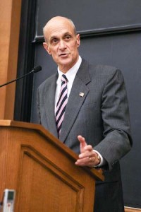 Homeland Security Secretary Michael Chertoff speaks at the Law School yesterday. He argued that the Elm City ID were “inconsistent with the law as we have it.”