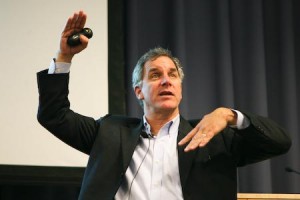 Stonyfield Farm “CE-yO” Gary Hirschberg spoke Wednesday about topics featured in his book “Stirring it Up: How to Make Money and Save the World.”