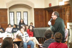 In front of a dining hall full of fans, R. L. Stine speaks at a Master’s Tea on Wednesday, admitting, “I don’t want to terrify kids, really.”
