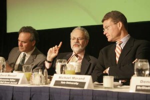 Michael Morand, right, urged New Haven officials to back ongoing construction at Tweed airport, which has been delayed for two months.