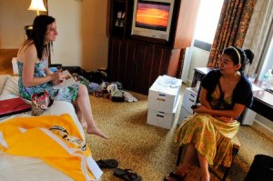 Simone Berkower ’09 and Yoojin Cheong ’09 at the Omni Hotel. Their suites in Jonathan Edwards College will continue to be under renovation until Sept. 20.
