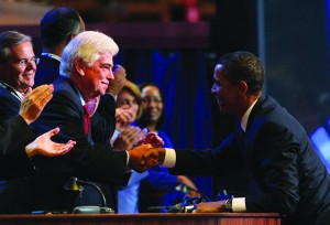 Presidential candidate Sen. Barack Obama shakes hands with Sen. Christopher Dodd on day three of the Democratic National
Convention at the Pepsi Center on Aug. 27 in Denver. Obama was officially nominated on the last day of the convention.