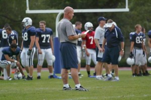 Head coach Jack Siedlecki during yesterday afternoon’s football practice. Siedlecki has a career record of 64-45 (44-33 Ivy) in his 11 seasons at Yale.