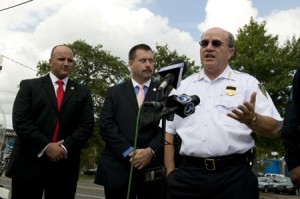 Police Chief James Lewis speaks at a press event about narcotics cop Lt. David Velleca. Velleca will lead the narcotics division, revived since its 2007 scandal.