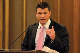 Capt. Pete Hegseth, president of Vets for Freedom, speaks at the Yale Political Union yesterday. He argued for an ROTC presence on campus.