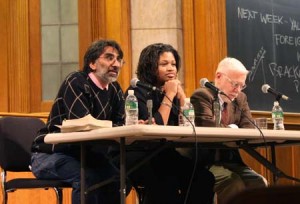Professors Akhil Amar and Khalilah Brown-Dean and Graduate School Dean Jon Butler speak at a Yale Votes panel in Sudler Hall Wednesday.