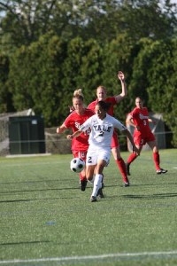 Miyuki Hino ’12 dribbles up the field in the Bulldogs’ 1-0 victory over St. John’s in the home opener on Sept. 7.