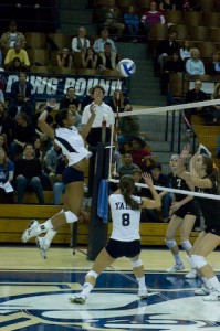 Middle blocker Laurel Johnson ’10 goes in for the kill against Princeton last Friday night. Johnson recorded seven kills on the match.
