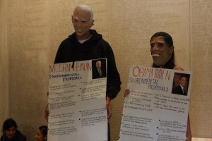 YSEC members donned Obama and McCain masks in Commons on Wednesday to spread awareness of the candidates’ environmental views.