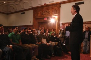 At a town hall meeting Wednesday afternoon, School of Management Dean Joel Podolny addressed questions about his sudden resignation.