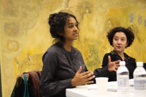 Immigration experts Deepa Fernandes and Kica Matos speak at the New Haven Free Library last night, criticizing American immigration.