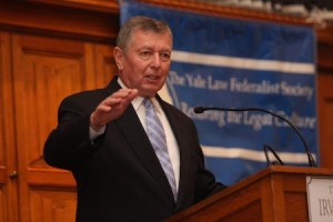 Former U.S. Attorney General John Ashcroft speaks to students on counterterrorism tactics pursued by the Bush administration after the events of Sept. 11, 2001.