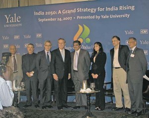 A group of panelists, including University President Richard Levin, meet at the Yale Club of New York last fall to discuss the future of India.