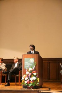 As University President Richard Levin looks on, law professor Akhil Amar speaks at a panel for the centennial celebration of the Yale University Press on Friday.