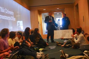 Members of the Undergraduate Organizing Committee participate in a sit-in at the Yale Investments Office at 55 Whitney Ave.