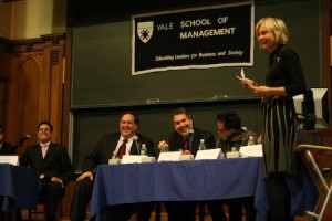School of Management Dean Sharon Oster moderates SOM’s annual Student-Faculty MBA Challenge. The faculty contestants triumphed against the student team.