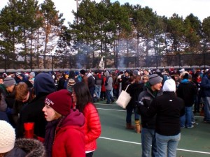 Students brave sub-freezing temperatures to attend the tailgate before the Harvard-Yale game on Saturday.