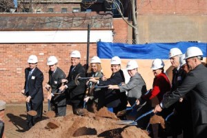 Project developers and city officials ceremoniously mark the groundbreaking of the 360 State construction site on Monday. The 30-story building is slated to be completed by summer 2010.