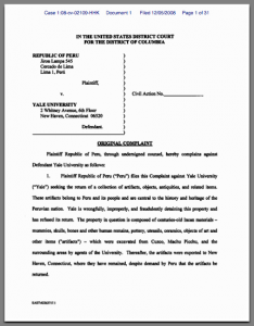 The first page of a 31-page complaint filed against the University on Friday by the Republic of Peru.