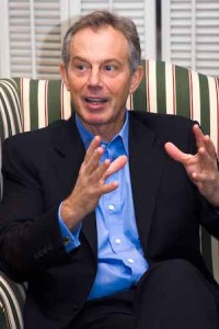 Tony Blair speaks last week at President Levin's house, shortly before teaching his final lecture of his Faith and Globalization seminar.