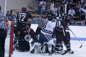 High tensions result in a fight on the ice in the Bulldogs’ 5-2 loss to Union on Saturday. Yale had come away with a 7-3 victory over Rensselaer the day before.