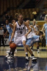 Melissa Colborne ’10 posts up against Columbia; she scored 17 points on Friday, but was limited to four points the next night.