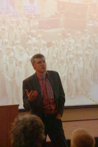 Cornell astronomy professor Steven Squyres explains the background behind the Mars Exploration Rover Mission during a Tuesday talk at the Peabody Museum.