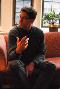 Josh Viertel, the president of Slow Food USA, speaks on sustainability and the universality of food at a Jonathan Edwards Master’s Tea on Thursday.