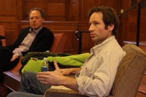Writer, director and actor David Duchovny GRD ’89 speaks at a Branford College-only Master’s Tea yesterday.