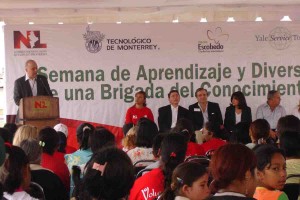 Participants in the service trip to Monterrey, Mexico, including AYA Executive Director Mark Dollhopf ’77, get involved in the opening ceremony for the trip.