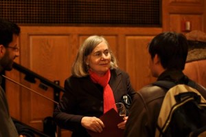 Author Marilynne Robinson chats with students after her lecture entitled “On Human Nature,” which was the first of four Dwight H. Terry lectures she will deliver this year.