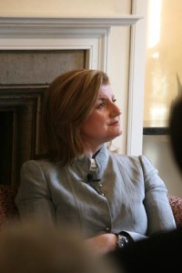 Arianna Huffington, co-founder of The Huffington Post, discusses the future of media at a joint Master’s Tea with Linda Greenhouse LAW ’78.