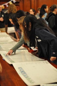 Davenport College students inspected floor plans as they prepare for their housing draw Monday.